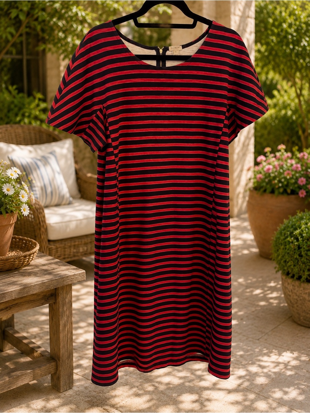 J.Crew Red Navy Stripe Knit Dress Size XL Gold Zip